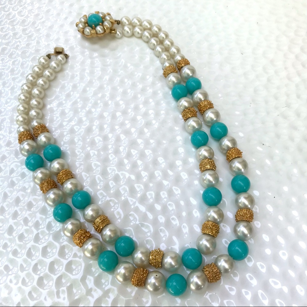 Vintage 50’s faux turquoise & pearl beaded double necklace - Picture 4 of 6